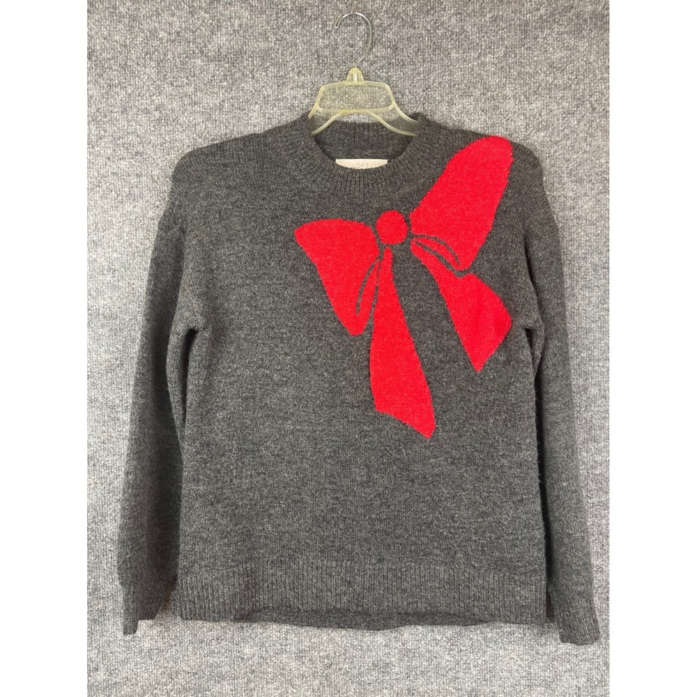 LOFT Sweater Womens Small Gray Red Bow Pullover Excellent Intarsia Knit Holiday